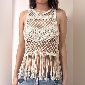 ZARA Beige Boho Style Fringe Top/Cover Up Top size small